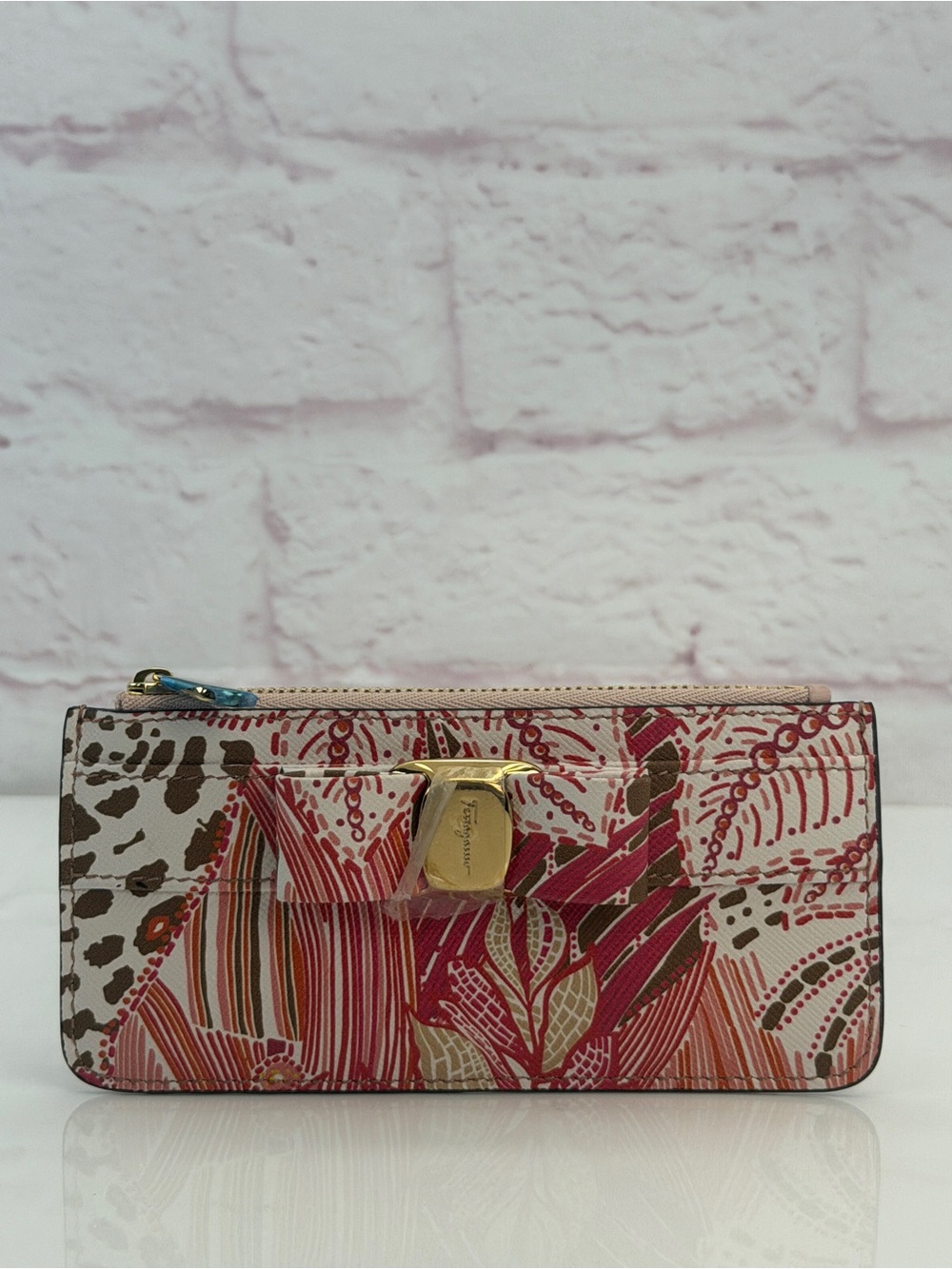 Salvatore Ferragamo New Pink Floral Leather Wallet Coin Bag Clutch